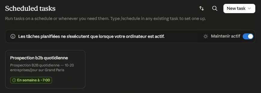 Interface Claude Cowork avec la tâche de prospection B2B planifiée