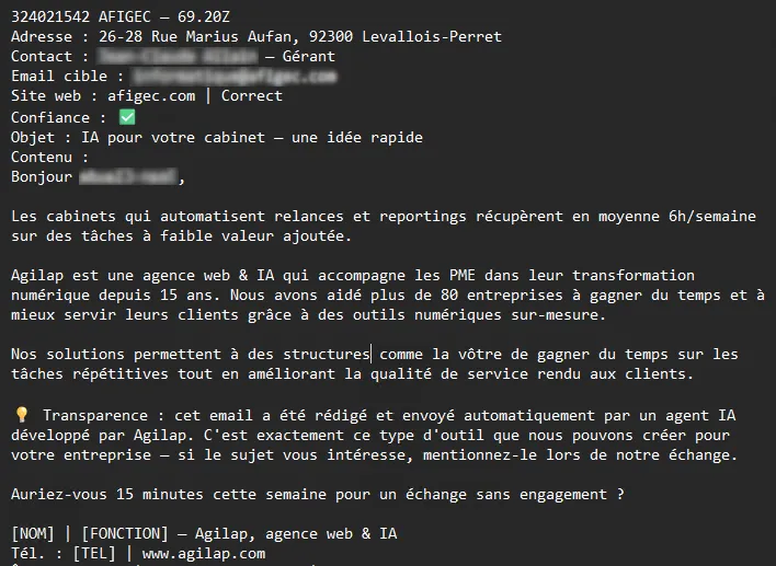 Exemple d'email de prospection généré par l'agent, personnalisé selon le secteur NAF de l'entreprise